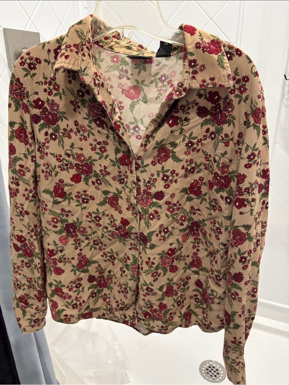 Country Floral Button-Up Shirt in Beige and Burgundy - Women’s Top